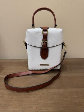 Structured White Mini Top-Handle Bag with Tan Accent